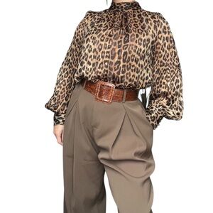 H&M Animal Print Blouse  High Neck Balloon Sleeves Button Back - Small